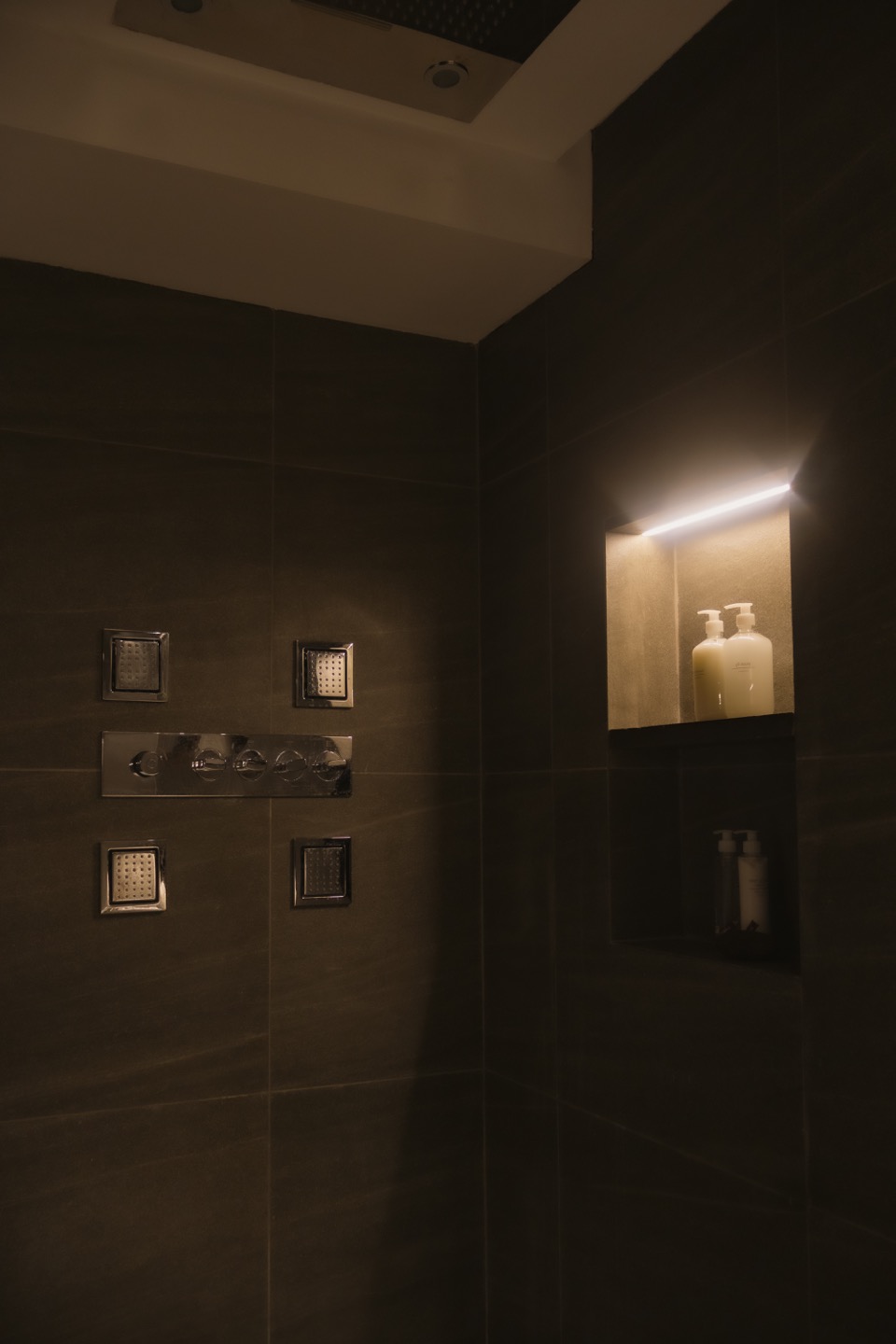 Dark shower controls and illuminated wall niche