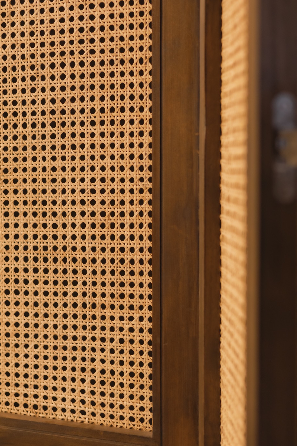 Close view of artisanal cane webbing in the laundry doors