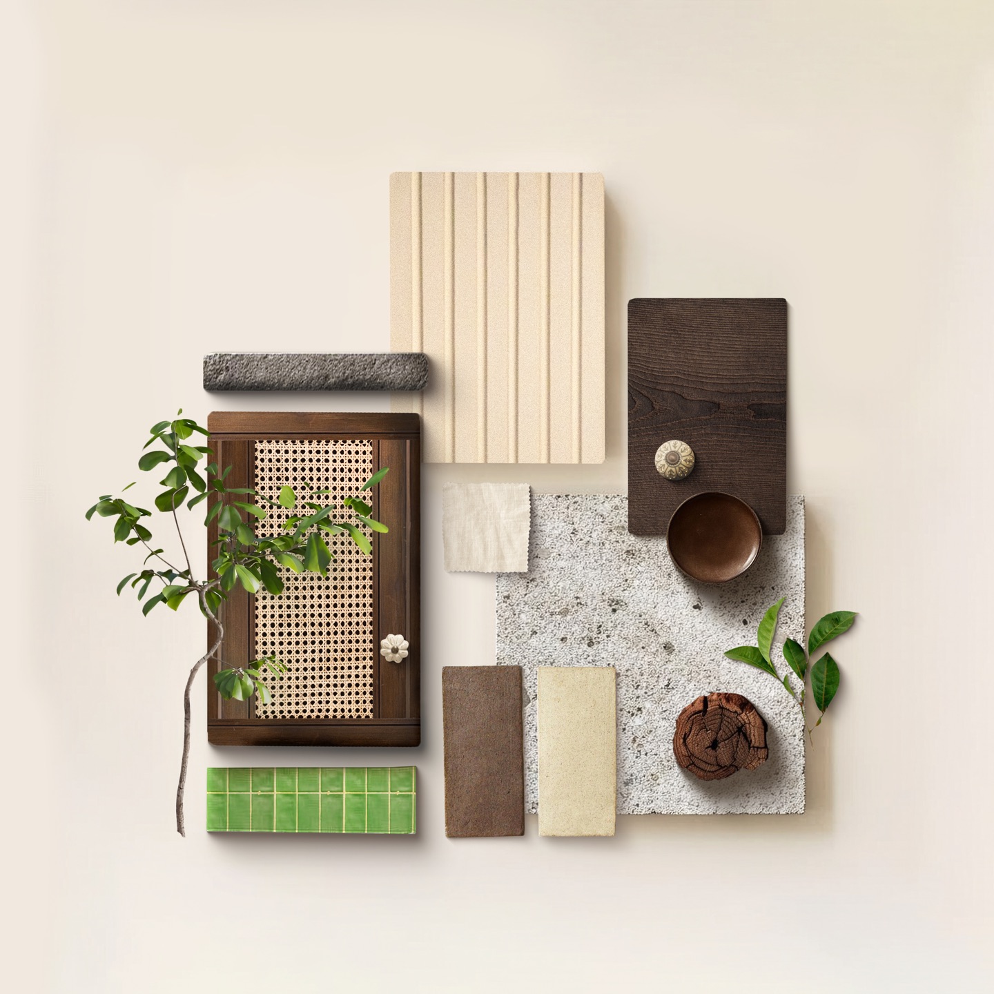 Getaway Home material composition of teakwood, rattan, stone, pale fabric and green tile