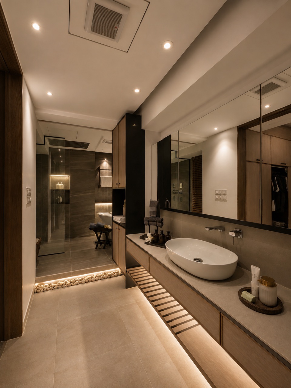 Primary bathroom composed with a long mirror, floating basin and glass shower