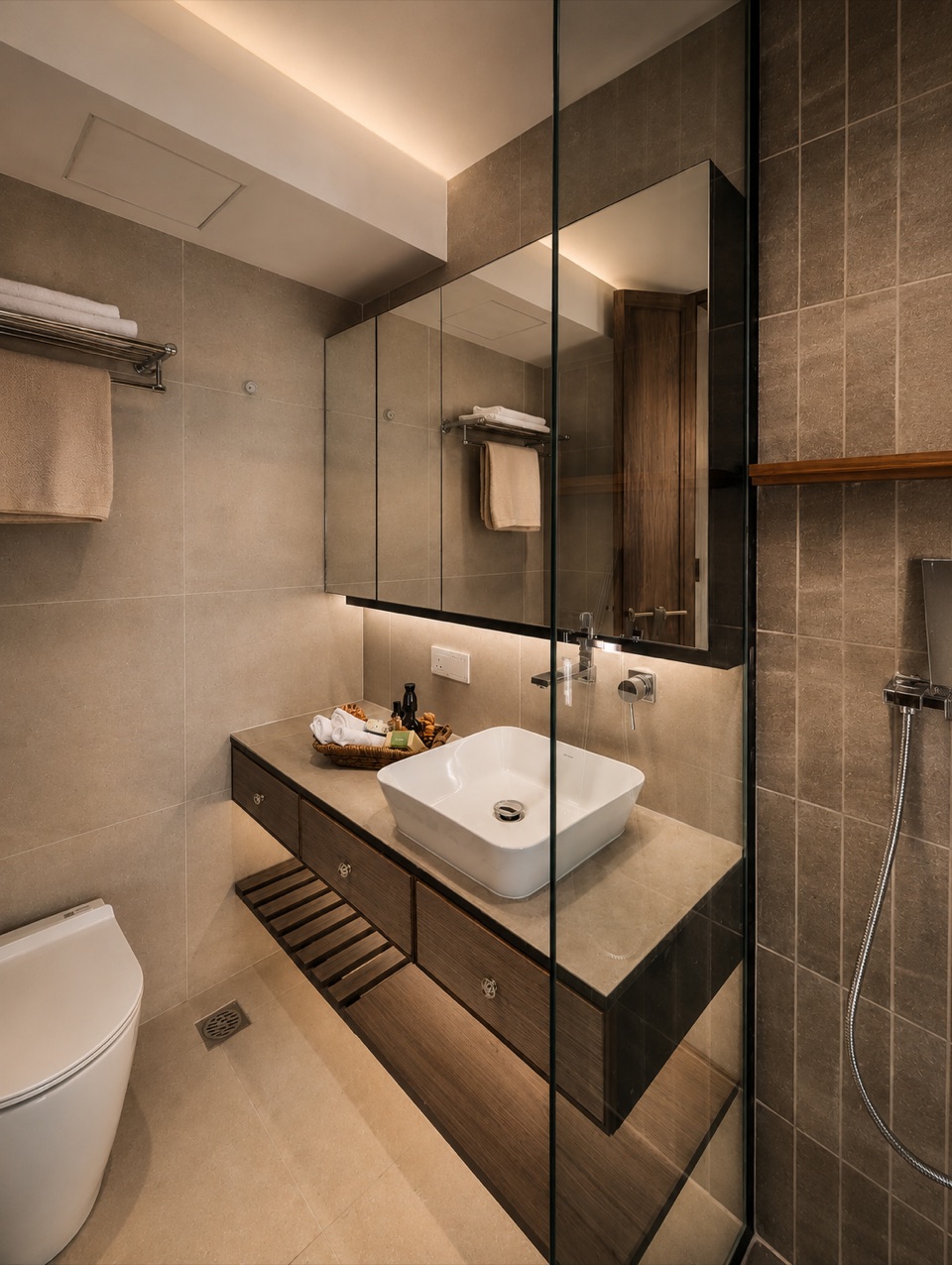 Second bathroom with grey tile, timber vanity and a glass shower enclosure