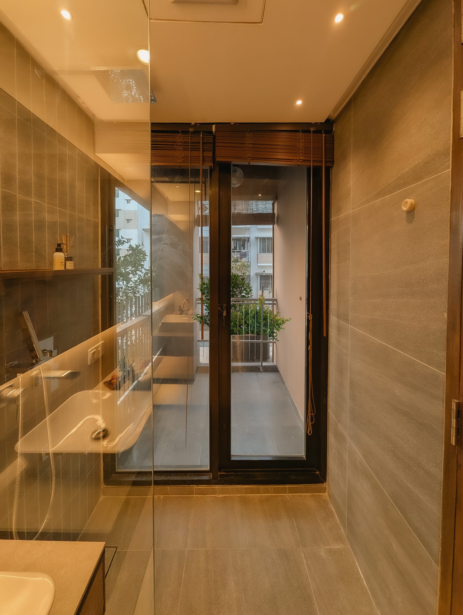 Bathroom shower opening toward a narrow planted balcony