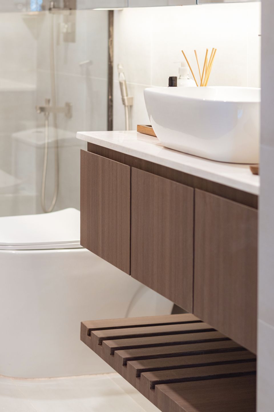 Floating timber bathroom vanity seen in profile